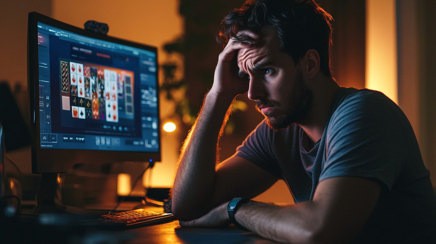 A beginner online poker player looking distressed while staring at the screen after making a mistake